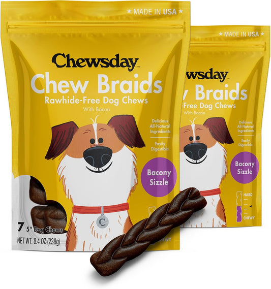 5-Inch Dog Chew Braids, Made in the USA, All Natural Rawhide-Free Highly-Digestible Treats, Bacony Sizzle - 14 Count